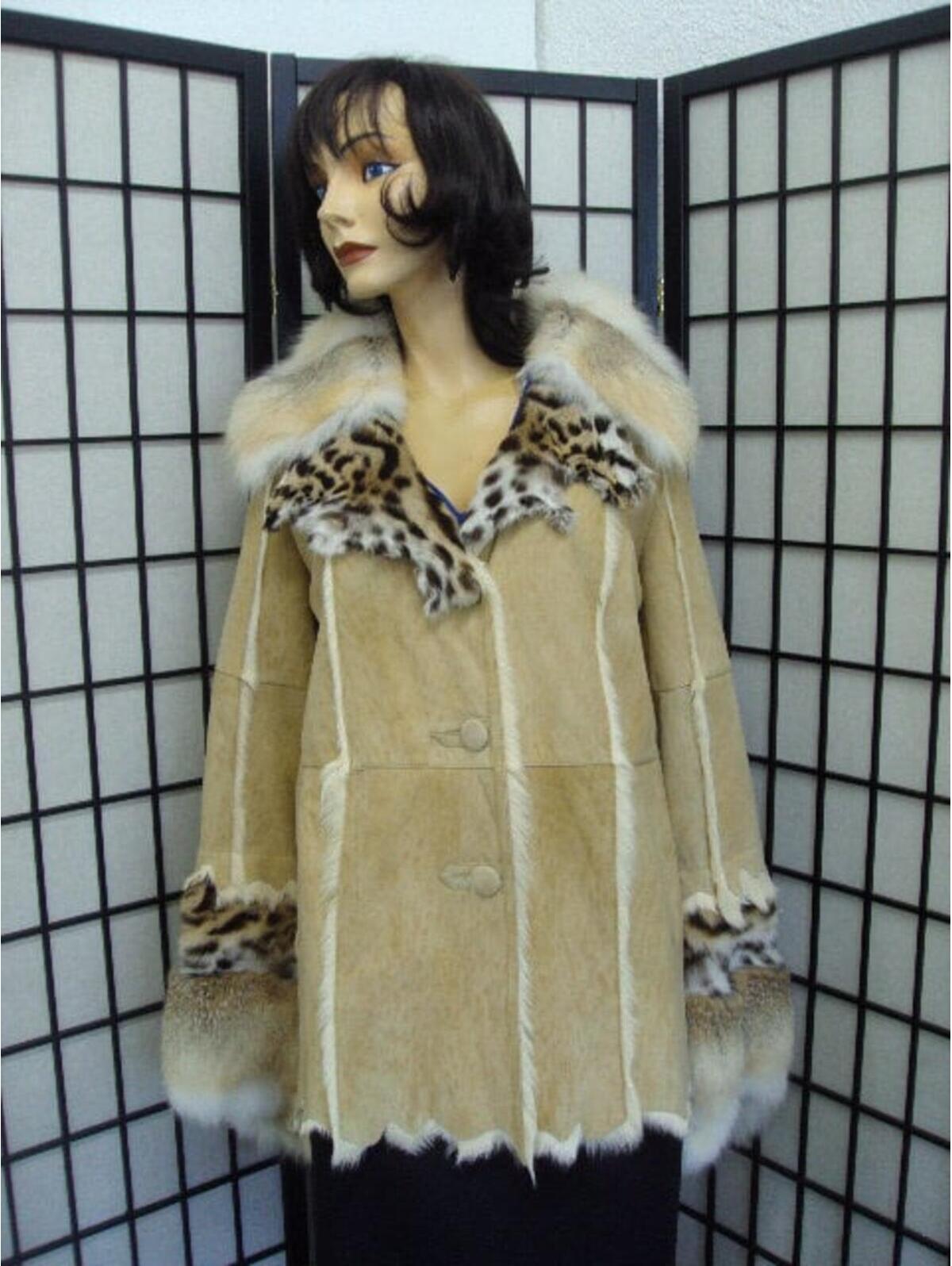 New Showroom Goat Fur Jacket Coat W/ Fox Women Woman Size 4-6 Petite
